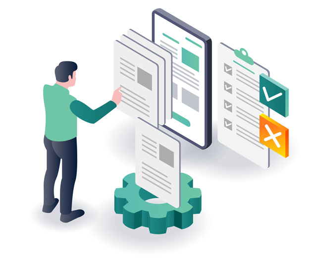 Ein Mensch im Comic Stil tippt auf virtuell vor ihm erscheinende Listen. Die Listens stehen auf einem Zahnrad. Das Bild steht für die Bearbeitung des digitalen Bauantrags.