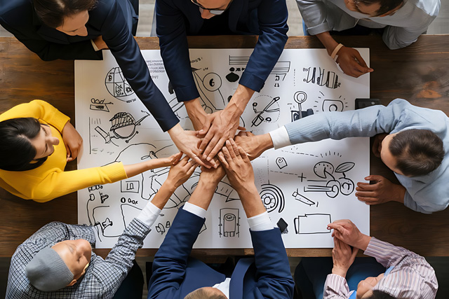 An einem Tisch sitzen mehreren Menschen. Sie haben ihre Hände aufeinander gelegt. Das Bild steht für das Einer für Alle Prinzip der digitalen Baugenehmigung.