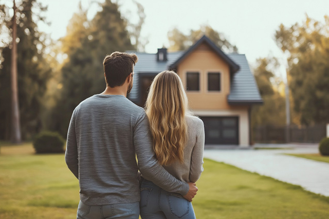Ein junges Paar steht neben der Zufahrt vor einem Haus. Vermutlich sind beide glücklich über die schnell erhaltene digitale Baugenehmigung.