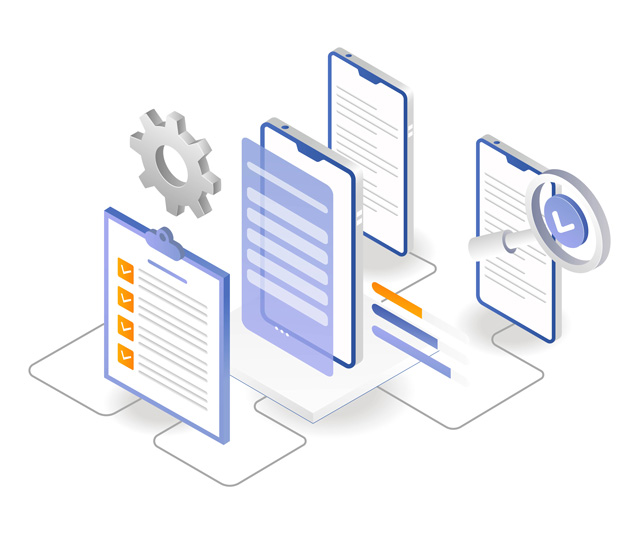 Ein Smartphone hinter und vor diesem virtuell Listen erscheinen sowie eine Lupe mit einem Häkchen. Neben dem Smartphone ist ein Zahnrad. Das Bild symbolisiert den Prüfungsvorgang für den digitalen Bauantrag.