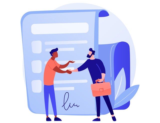 Zwei Personen im Comic Stil geben sich die Hand. Das Bild steht für die erfolgreiche Genehmigung des Bauantrags.